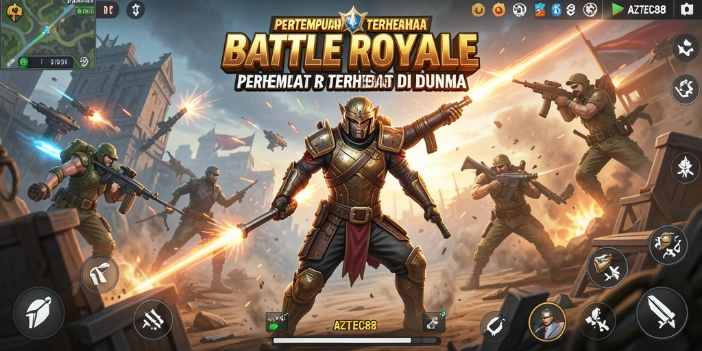 Screenshot gameplay AZTEC88 menunjukkan aksi intens Battle Royale.