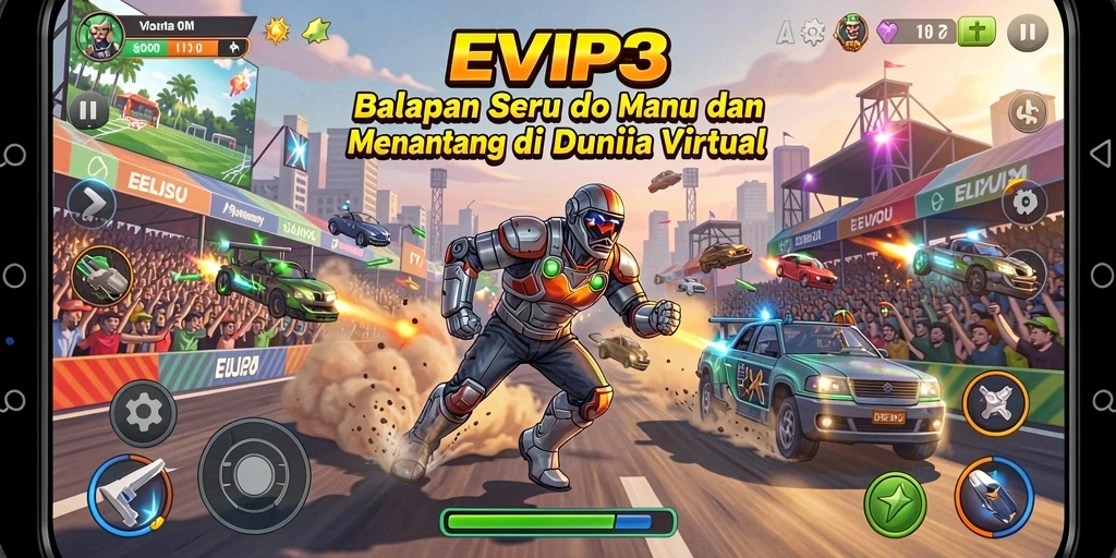 Screenshot gameplay EVIP3 menampilkan mobil balapan dan trek yang menantang.