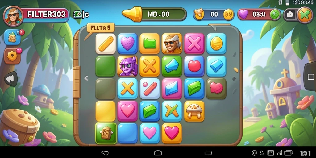 Tampilan gameplay FILTER303 menunjukkan momen mencocokkan tiga buah yang sama.