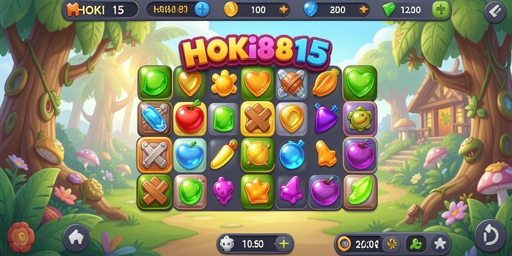 Tampilan gameplay HOKI8815 dengan warna-warna cerah dan permata berkilau.