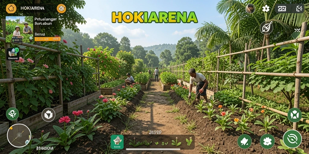 Tampilan gameplay HOKIARENA dengan ladang dan hewan ternak.
