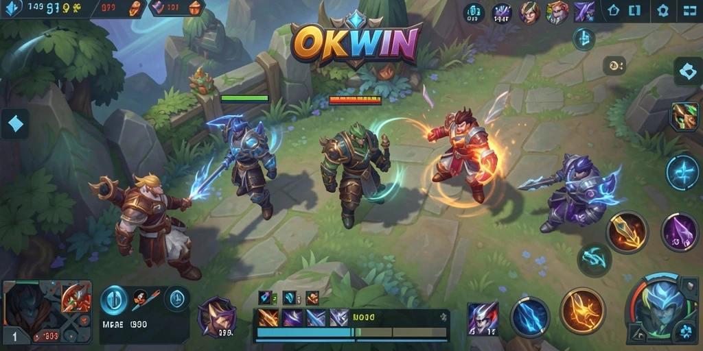 Screenshot gameplay OKWIN menampilkan pertarungan seru antar karakter MOBA.