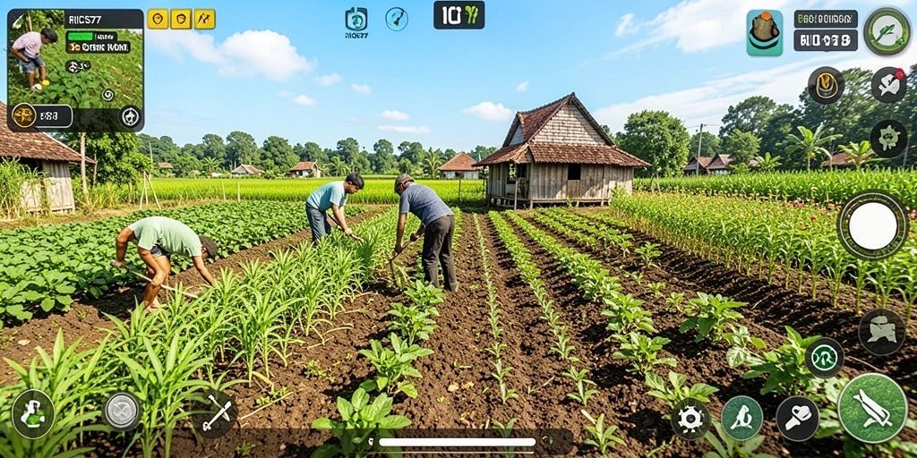 Tampilan gameplay RICIS77 yang menarik dengan aktivitas bertani.