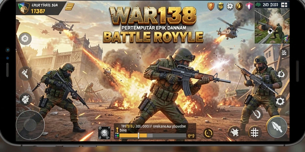 Tangkapan layar utama WAR138 menampilkan aksi pertempuran Battle Royale yang mendebarkan.